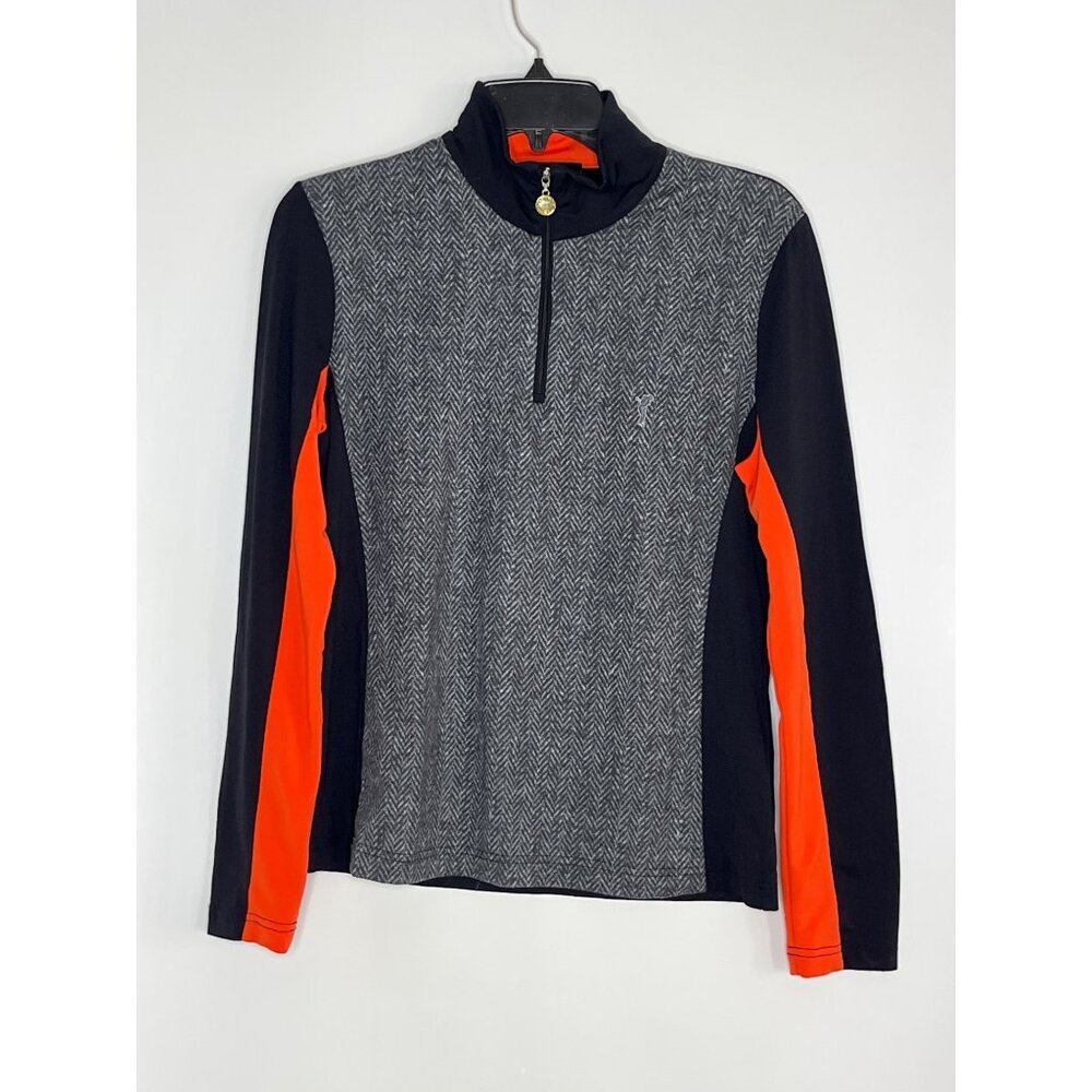 Golfino Herringbone Grey/Black Long‎ Sleeve 3/4-Zip Top With Orange Accents 10